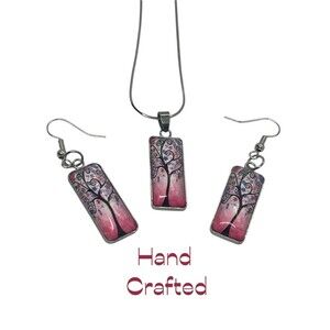 Hand Crafted Pink Black Tree Glass Rectangle Necklace Earrings Set NWT